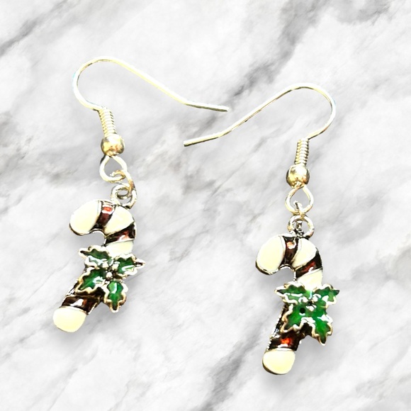 Hand Crafted Jewelry - Handmade Candy Cane Earrings Dangle Christmas Red, White & Green Holly Pierced